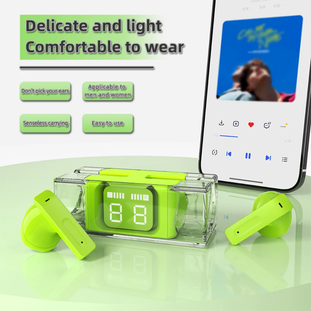 Clear Wireless Gaming Earbuds BT5.2 Dual Stereo HiFi Headphone with Charging Case Sport LED Digital Display In-ear Earphone E89
