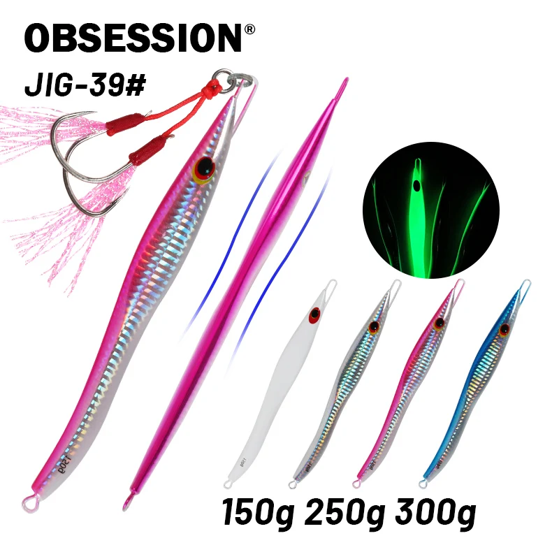 

OBSESSION 150g 250g 300g Jigging Lure Fast Sinking Metal Jig S Shape Fishing Lure Artificial Bait Luminous Casting Jig Twin Hook