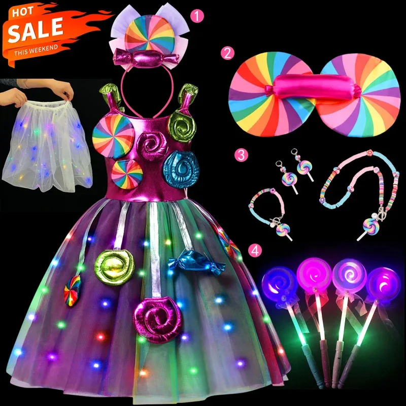 

2025 Purim Lollipop Girls Party Dresses Fancy Girls Dresses Carnival Party Glow Skirt Children's Rainbow Vest Candy Dress
