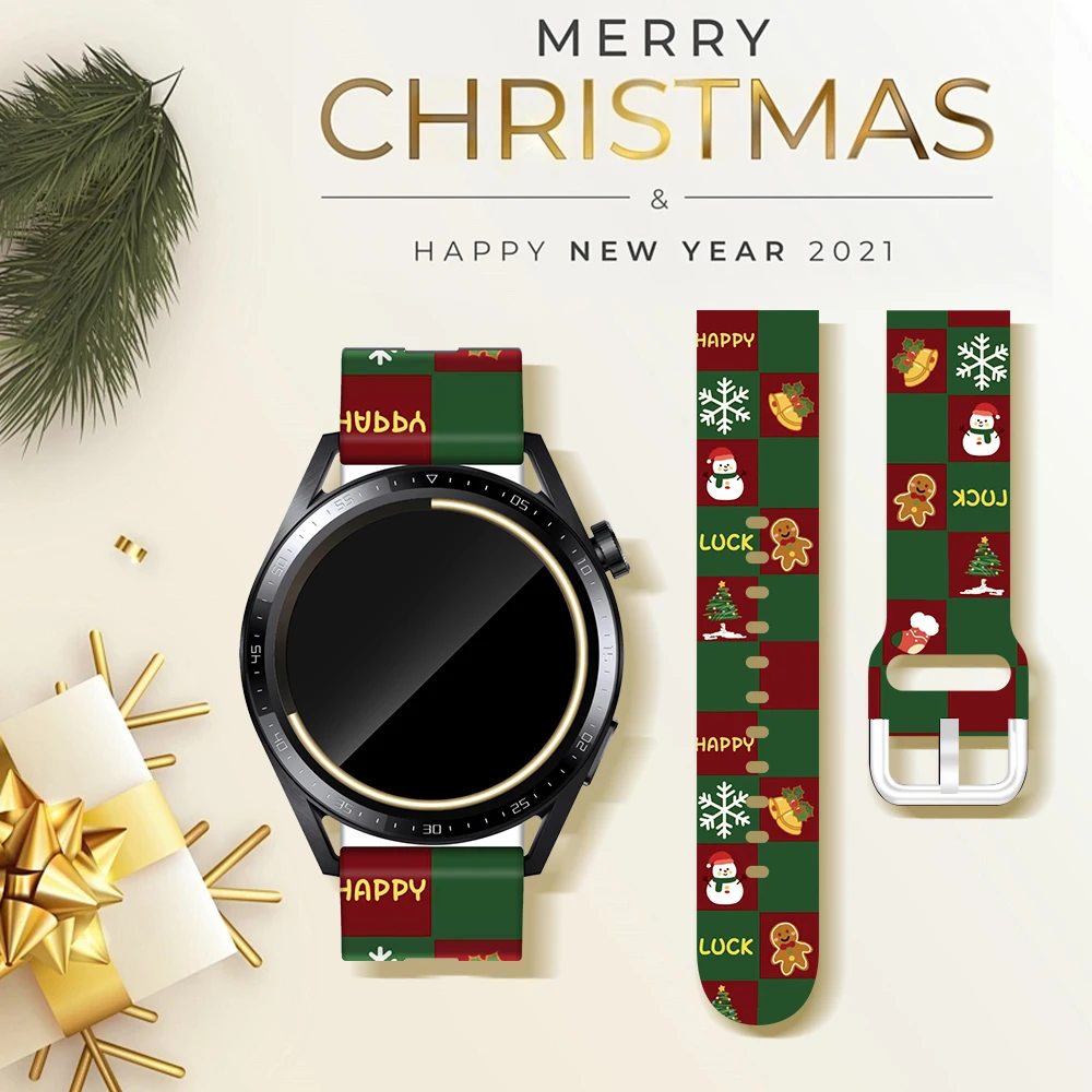 20mm 22mm Watch Band for Samsung Galaxy Watch 5/4/3/Active 2/Gear S3 Christmas Printed Silicone Strap Huawei Watch 3/Amazfit GTR