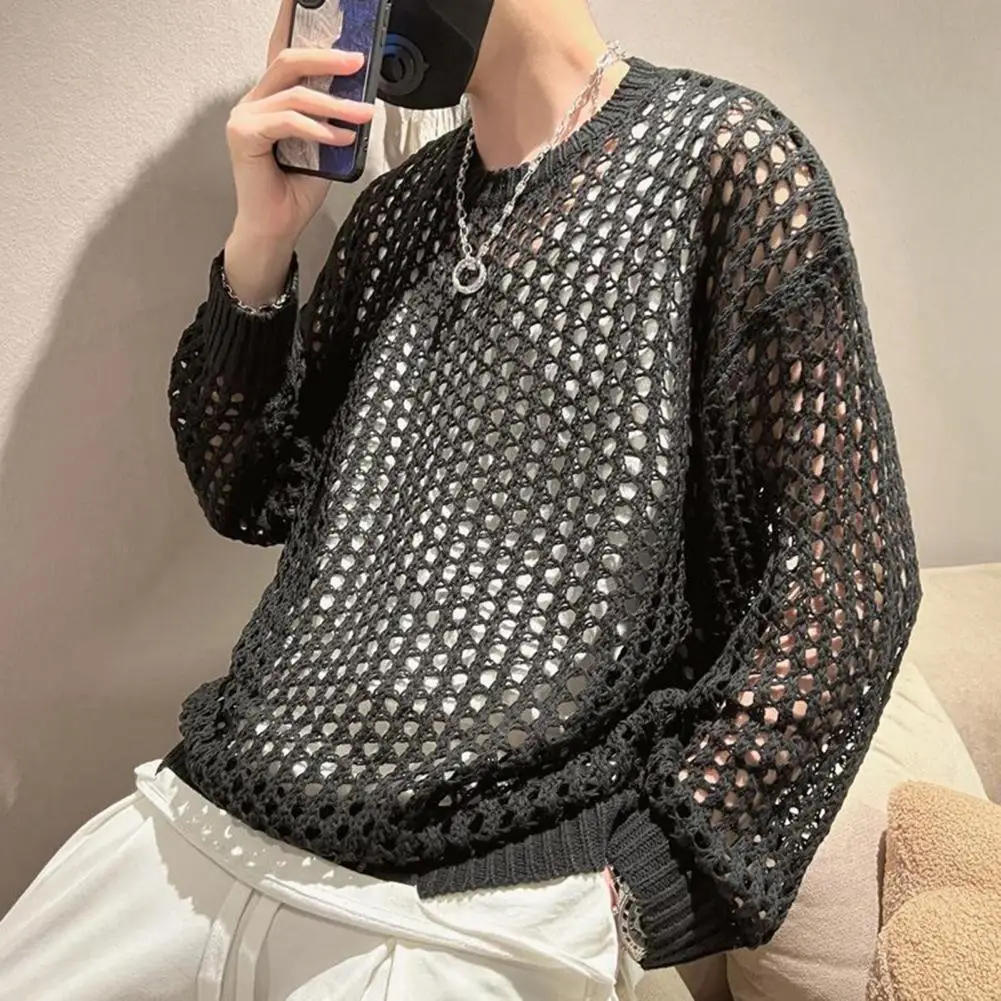 Men Hollow Top Mesh Fishnet Solid Color Round Neck Loose Long Sleeve Clubwear Hip Hop See-through Elastic Pullover Party Top