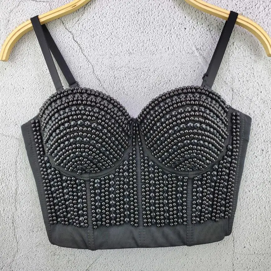 Luxury Pearl Beading Camisole Women Night Club Party Sexy Tanks Female Backless Cropped Tops Push up Bustier Bra Tube Top Y3374