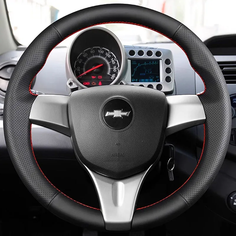 

For Chevrolet Spark 2011-2015 Spark (RU) 2020-2021 Daewoo Matiz (KR) DIY Hand Stitched Genuine Leather Car Steering Wheel Cover