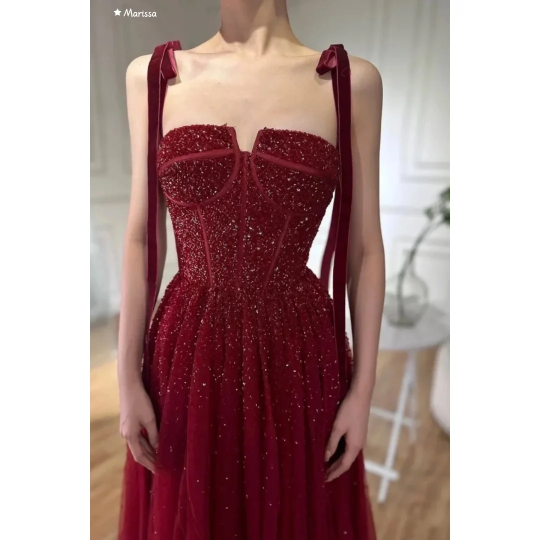 فساتين سهرة ماريسا D/حفلة مصنوعة حسب الطلب على شكل حرف a من التل لحفلات الزفاف أنيقة حمراء مكشوفة الكتفين بحزام الحمالات للحفلات الراقصة