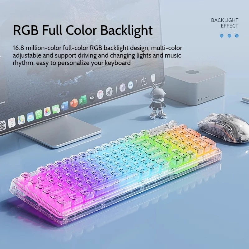 Transparent RGB Full-Color Backlight Bluetooth Wireless Keyboard 3-Mode Connection Long Battery Life Mute Mechanical Keyboard