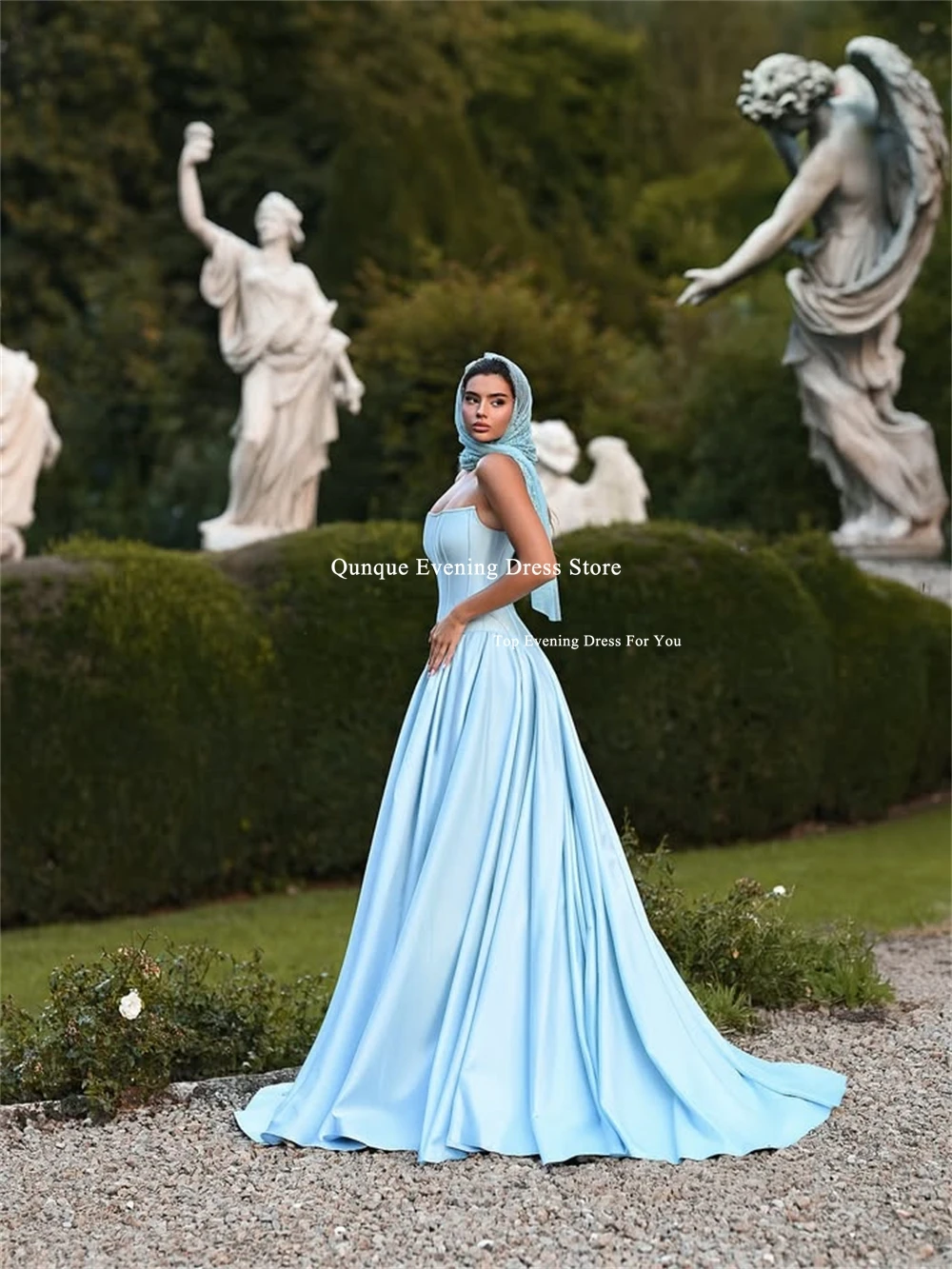 Qunque Himmelblaue, trägerlose, drapierte Ballkleider, A-Linie, ärmellos, Vestidos De Noiva, Satin, formelle lange Abendkleider, individuell gestaltet