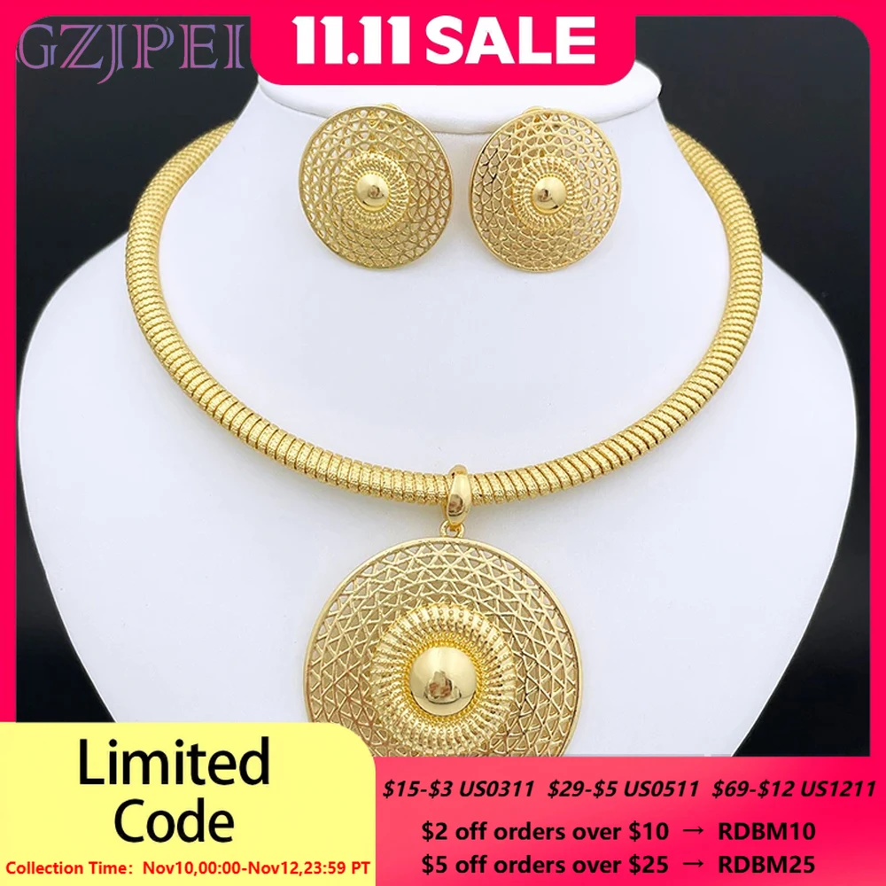 

2Pcs Big Round Necklace Earrings Set 18K Gold Plated Dubai Nigeria Bridal Wedding Jewelry Africal Flower Jewellery Gifts