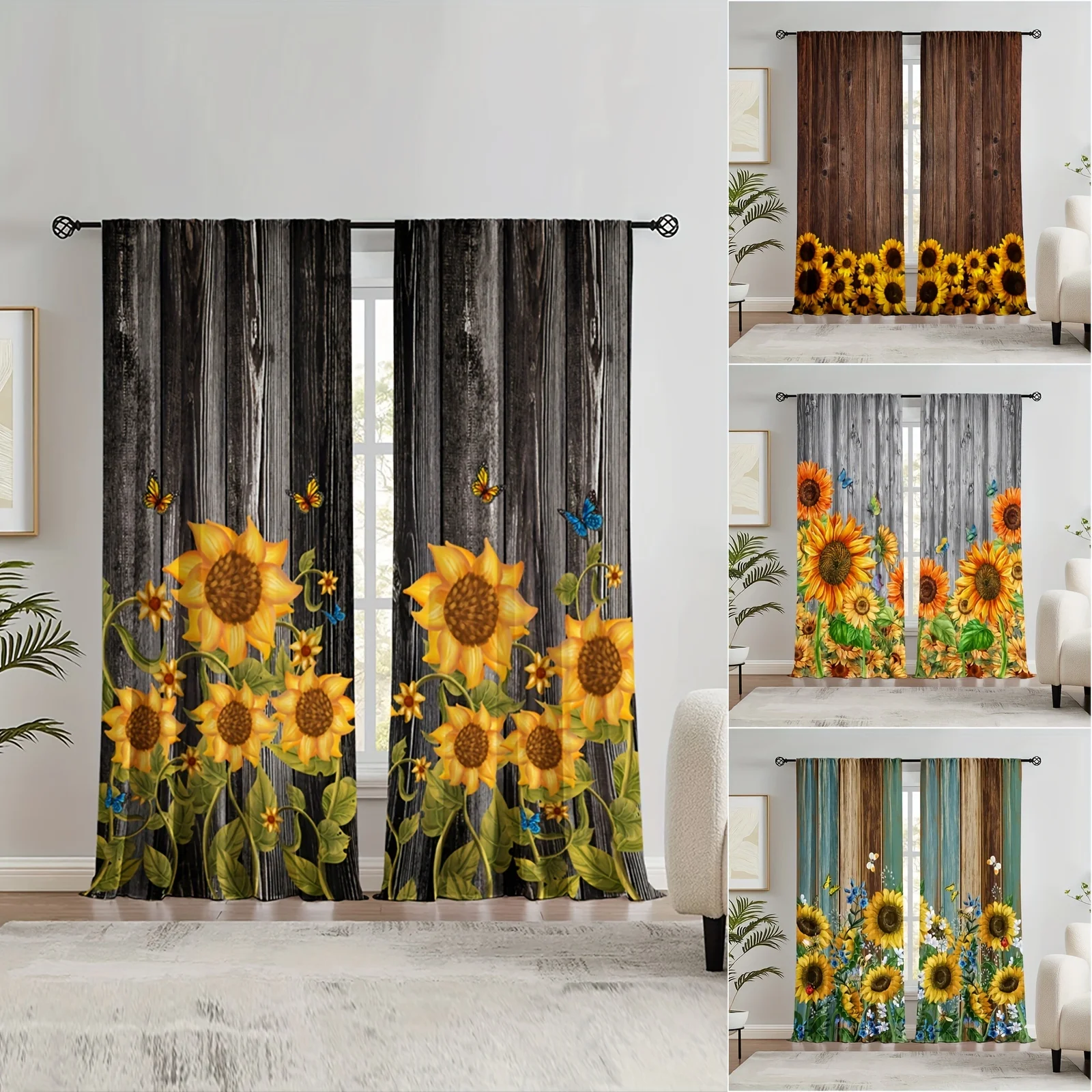 

2pcs Sunflower Printed Curtain, Rod Pocket Window Treatment For Bedroom Office Kitchen Living Room Study Home Decor