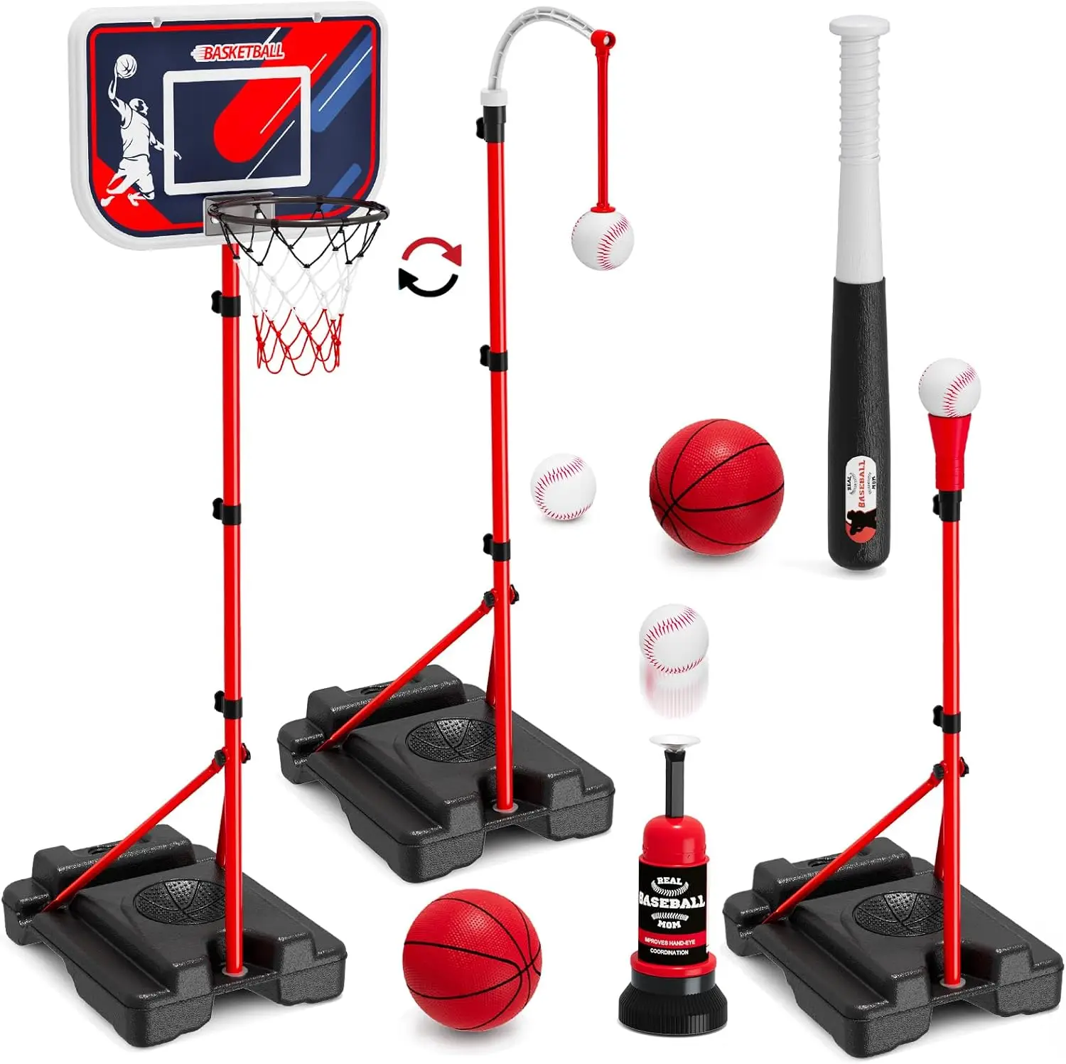 4-in-1 Kids Basketball Hoop & T-Ball Set, Adjustable Hanging Tee with Auto Pitching, Indoor Outdoor Toy for Ages 3-8