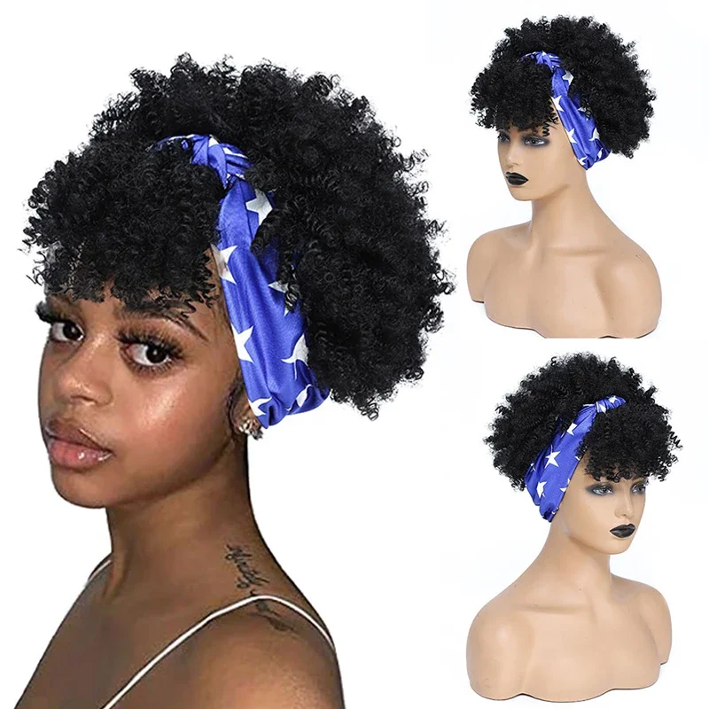 Synthetic Afro Curly Headband Wig Short Kinky Curly Wig with Headband Attached Afro Puff Curly Scarf Wrap Wig for Black Women