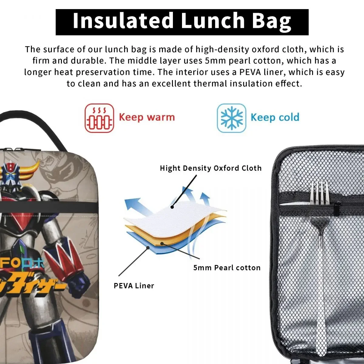 Grendizer Anime Insulated Lunch Bags for Women UFO Robot Goldorak Portable Cooler Thermal Bento Box Work School Travel