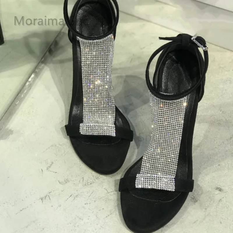 

Silver Rhinestone High Heeled Women's Sandals Open Toe One Strap Cover Heel Summer Sandals Sexy Black Suede Stiletto Shoes