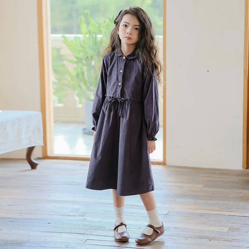 

Children Girl Corduroy Thick One-piece Dress School Girl Academy Style Shirt Flip Collar Dress Retro Casual Solid Straight Dress