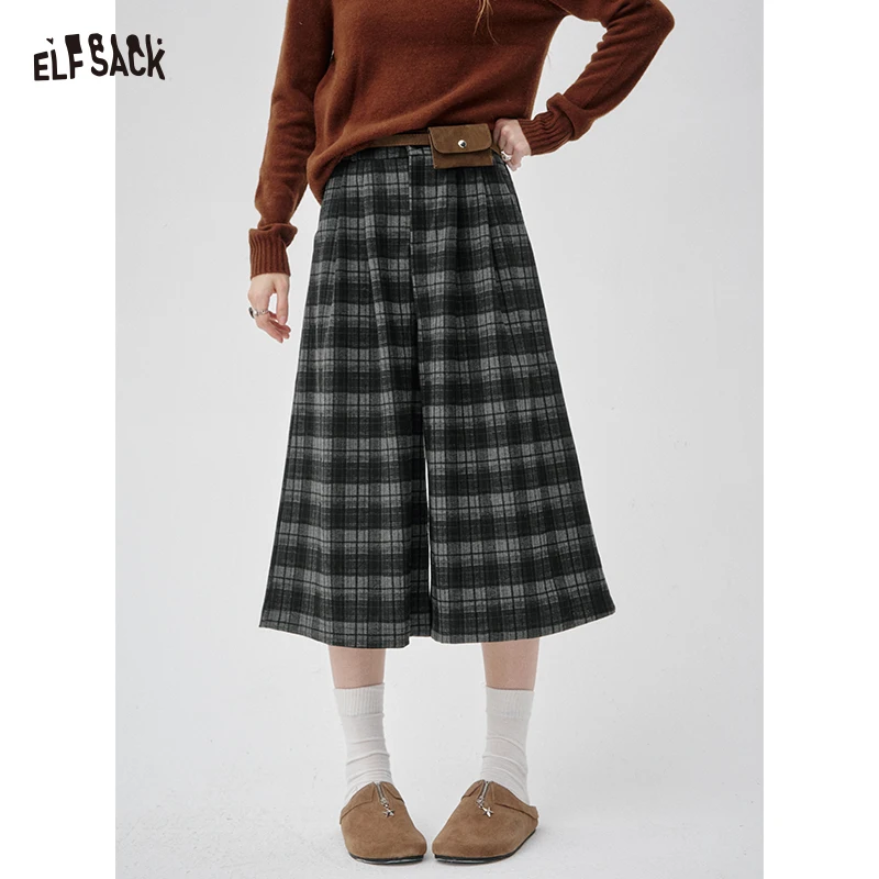 

ELFSACK 2025 Winter New Arrivals Plaid High-waisted Wide-leg Pants For Woman