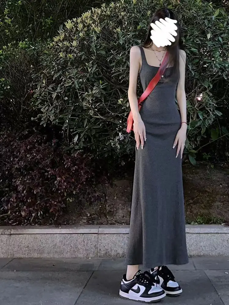 Trumpet Maxi Dress Women Solid Simple Hotsweet Korean Style Fashion New Sleeveless Defined Slim Chic Sexy Square Collar Vestidos
