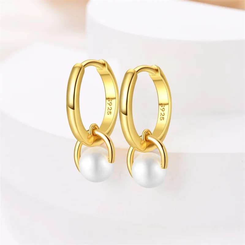 100% 925 فضة اللؤلؤ الذهبي الهندسة هوب أقراط للنساء موضة حفلة عيد ميلاد مجوهرات الزفاف مجوهرات الخطوبة #3