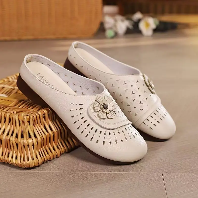 

Women's Leather Baotou Hollow Out Low Heel Slippers Summer New Soft Sole Non Slip Big Size Home Slippers Outdoor Half Slippers