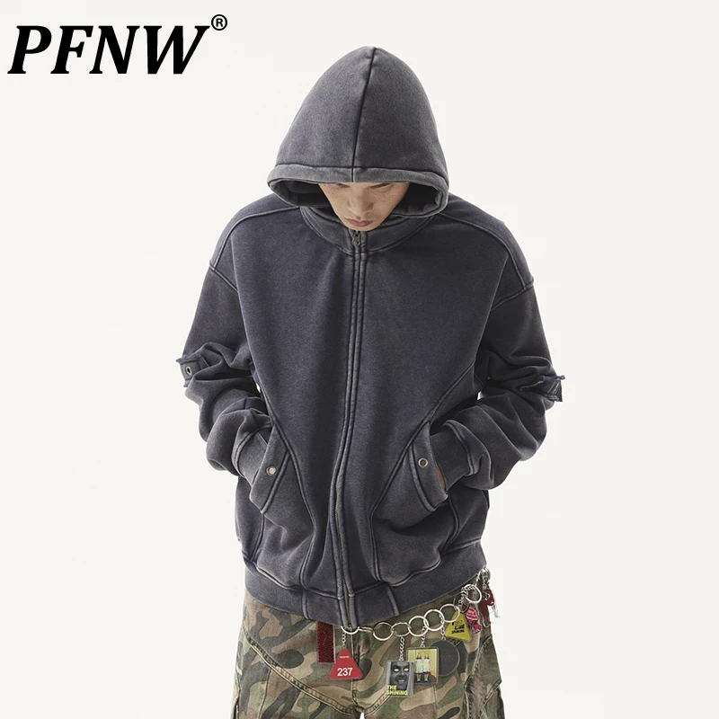 PFNW American Vintage Cleanfit Stir Fried Color Deconstruction Layering Silhouette Padded Hooded Sweatshirt Men\'s Zipper Jacket