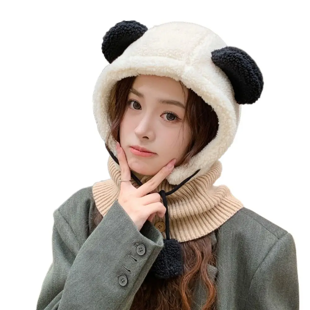 Korean Style Bear Ear Balaclava Hat Solid Color Scarf Winter Pullover Cap Ear Neck Protection Windproof Knit Hooded Hat Girls