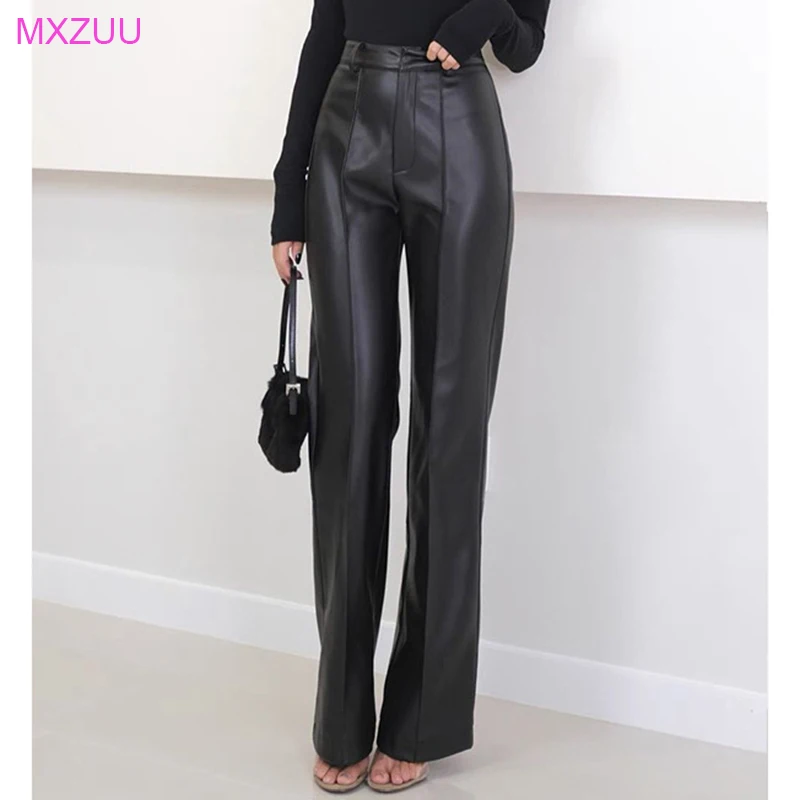 

Leather Trousers Spring Autumn Female Sheepskin Vertical Bar Slim Long Legs Casual Versatile Straight Suit Pants Pantaloni Donna
