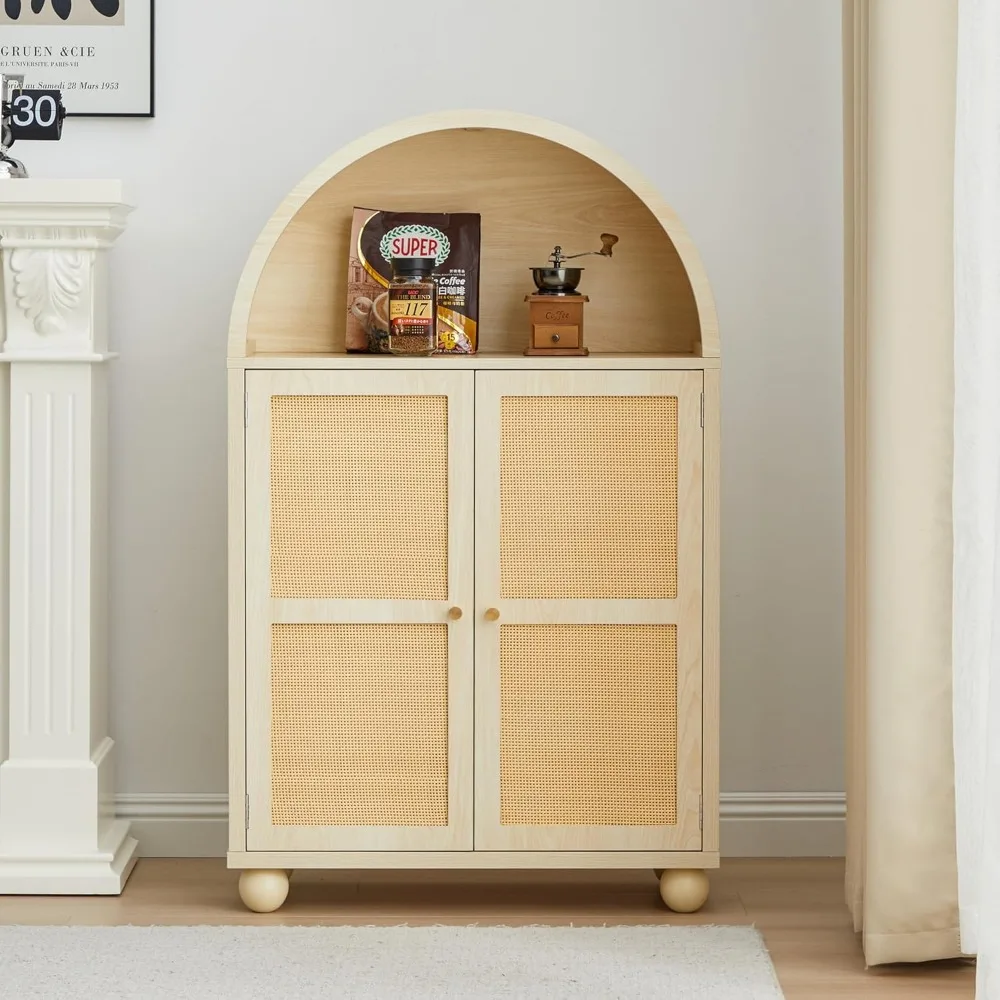 Aparador Buffet, gabinete de almacenamiento arqueado moderno con puertas decorativas de ratán, gabinete decorativo independiente para sala de estar