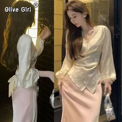 Women's Set 2026 Spring Autumn Gentle Elegant French Shirt Top High Waist Pleated Fishtail Half Skirt Suit Clothes