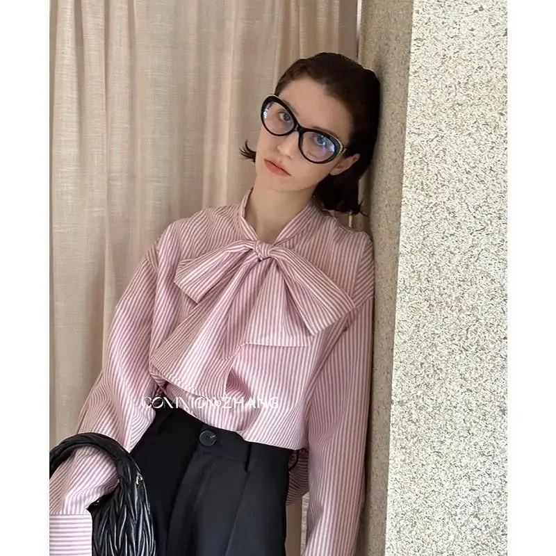 Kimotimo Vintage Striped Bow Blouses Women Elegant French Style Long Sleeve Shirts Sweet Loose Preppy Style Office Look Tops Ins