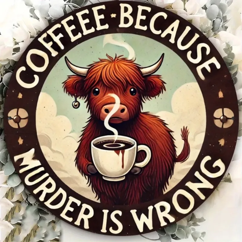 2D Flat,Metal painting,Highland Cow with Coffee Cup Metal Wall Art, Round Iron Sign, Decor for Bar Cafe Home Office Club Display