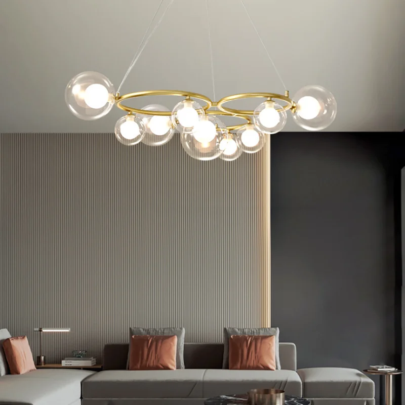 Nordic Restaurant Living Room Glass Ball Amber Soot LED Dimming Chandelier Bedroom Simple Ring Golden Iron Warm White Fixture