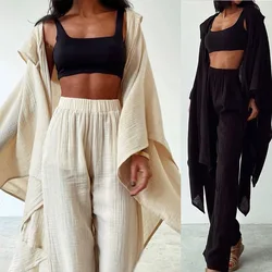 Women Tracksuit Cardigan Blouses Pant Sets Long Sleeve Wide Leg Pants Pockets Casual Slight Strech Loose Ankle Length Flat