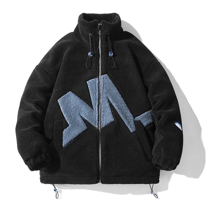 MaiDangDi Winter Lamb Wool Men's Cotton Clothing Loose Warm Short Fleece Men Jacket Casual Letter Pattern Big Size Mens Clothing