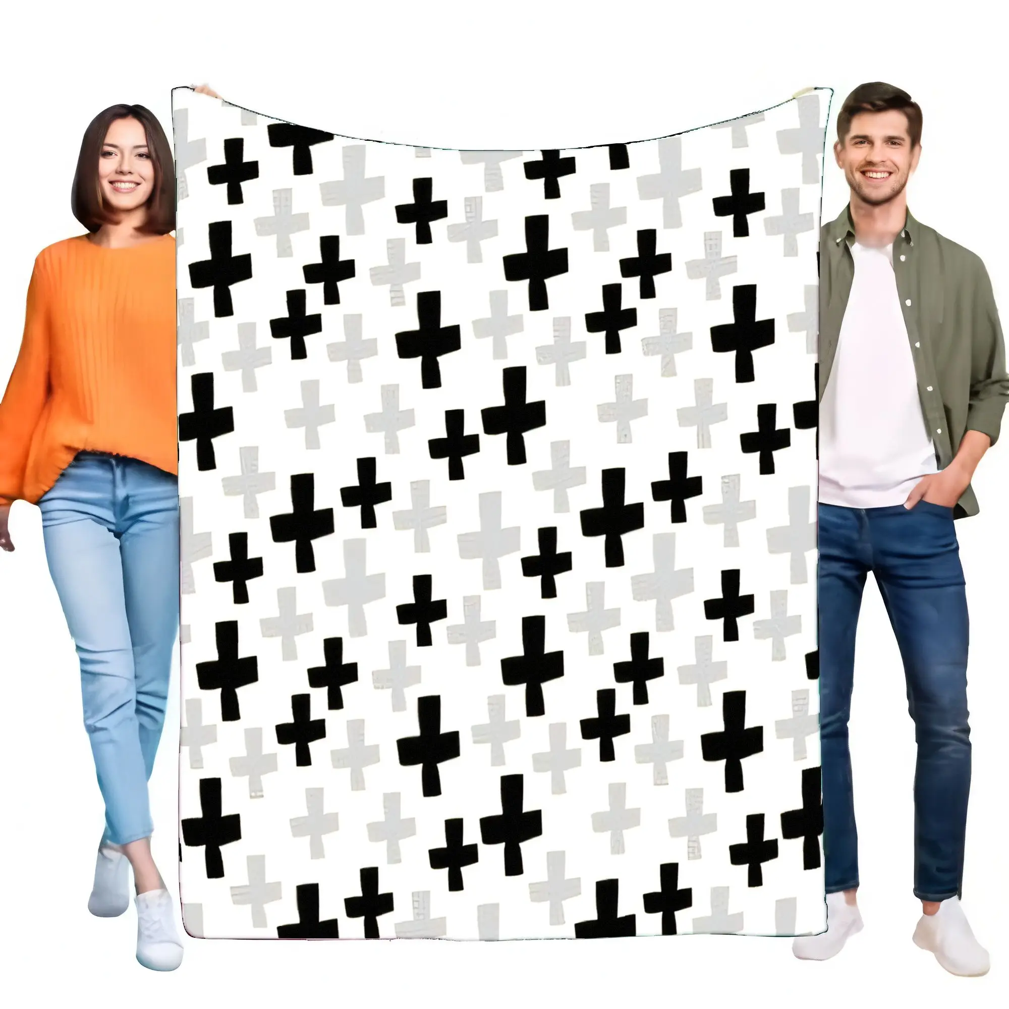 Modern Geometric Black White Plus Sign Throw Blanket, Soft Cozy Flannel Fleece Bed Sofa Cover, Warm Lightweight Home Decor Gift