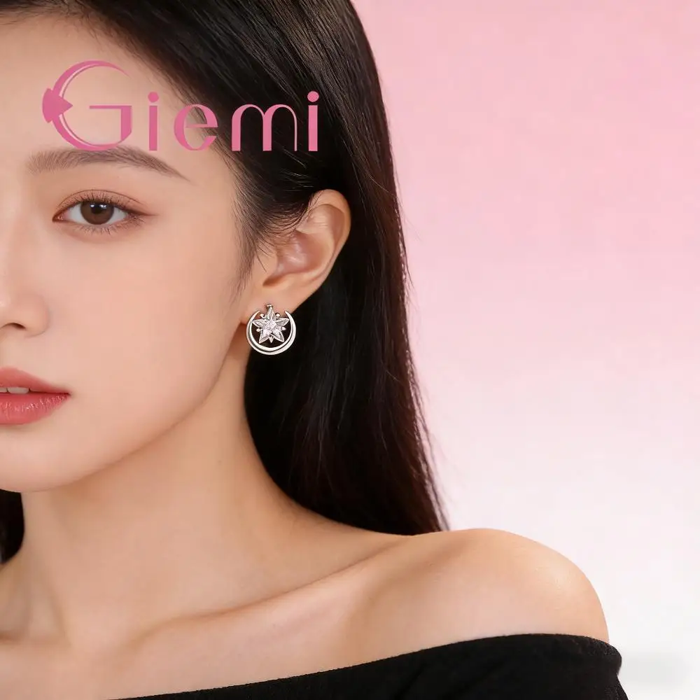 Shinning 925 Sterling Silver Moon Star Crystal  Zircon Stud Earrings for Women Girls Engagement Party Jewelry Gifts Accessory