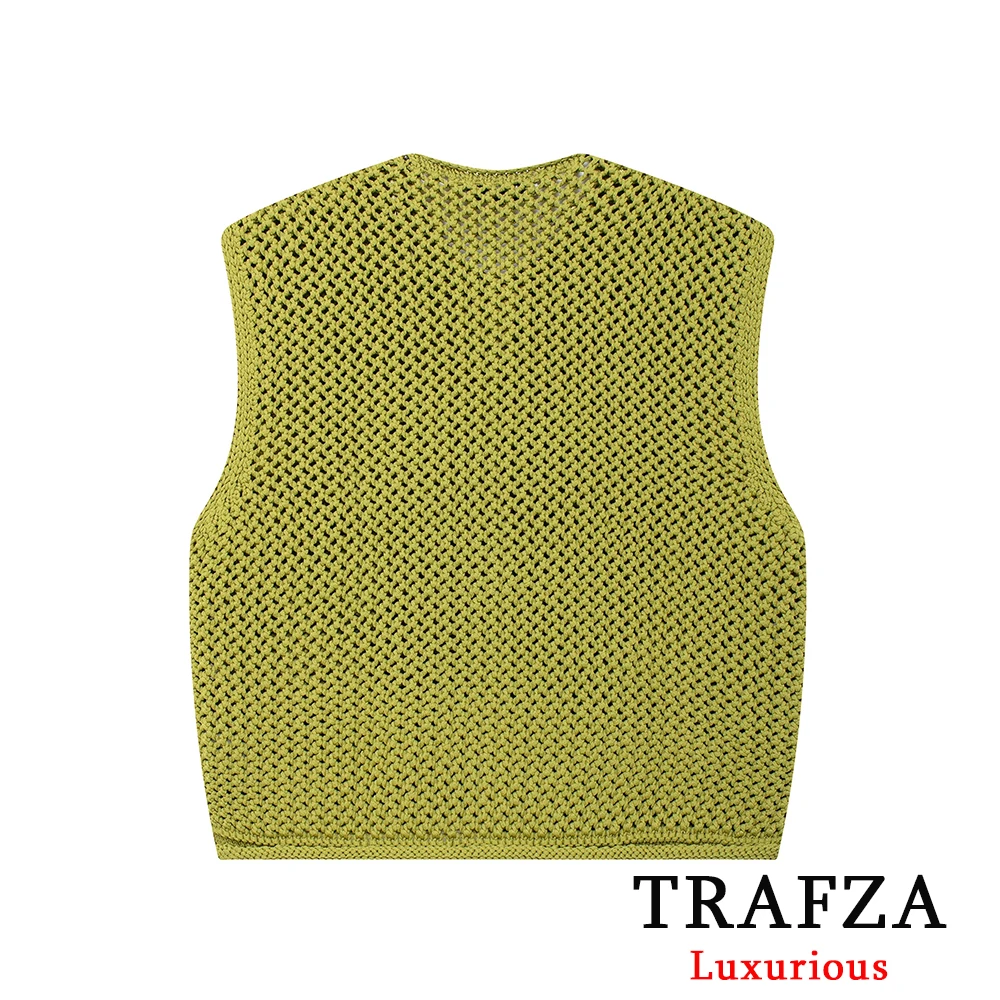 TRAFZA Solid Green Knitted Vest Sweaters Women O Neck Pockets Gold Buttons Casual Sleeveless Cardigans Fashion 2024 Chic Tops