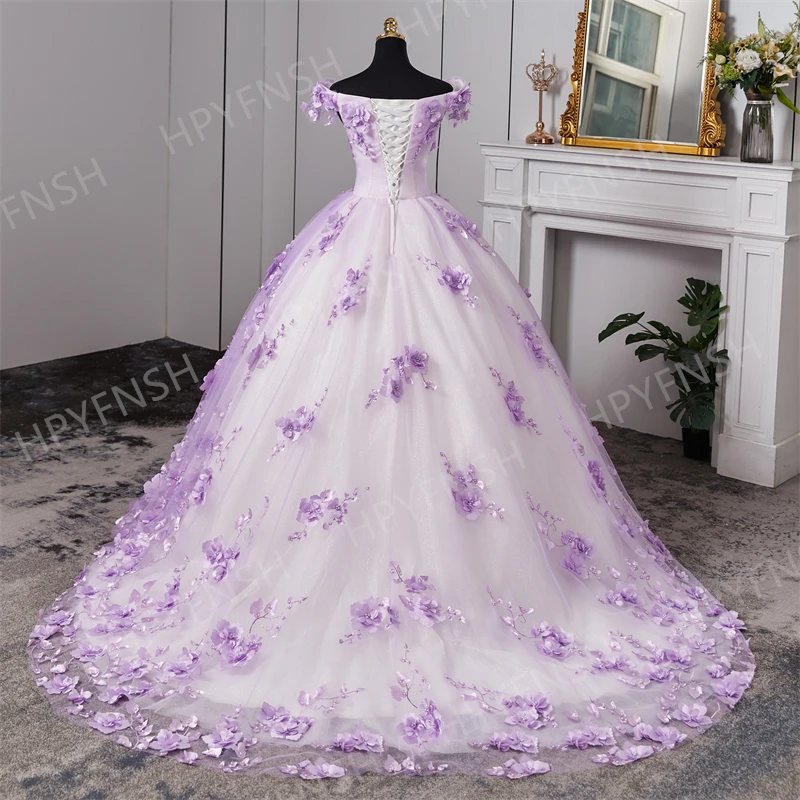 Custom Purple Sweetheart Quinceanera Dresses 3D Flower Pearls Train Ball Gown Birthday Party Gowns Princess Vestidos De 15 Años