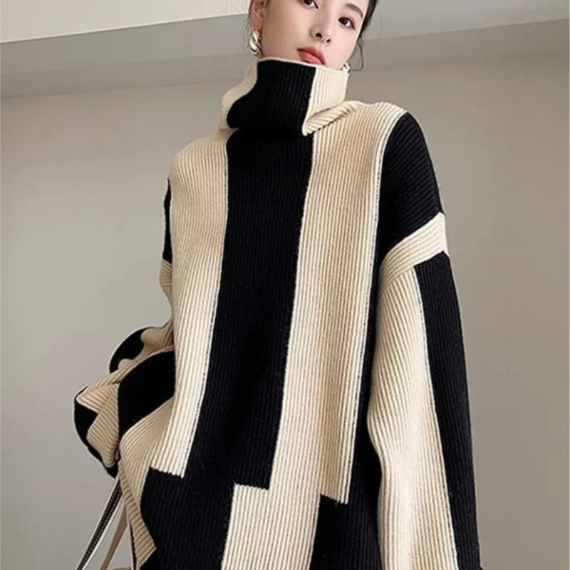 

Female Sweater LOOSE Casual Stripe Knitted Women's Turtleneck Oversized Korean Fashion Thickening Warm Winter Women's Sweater