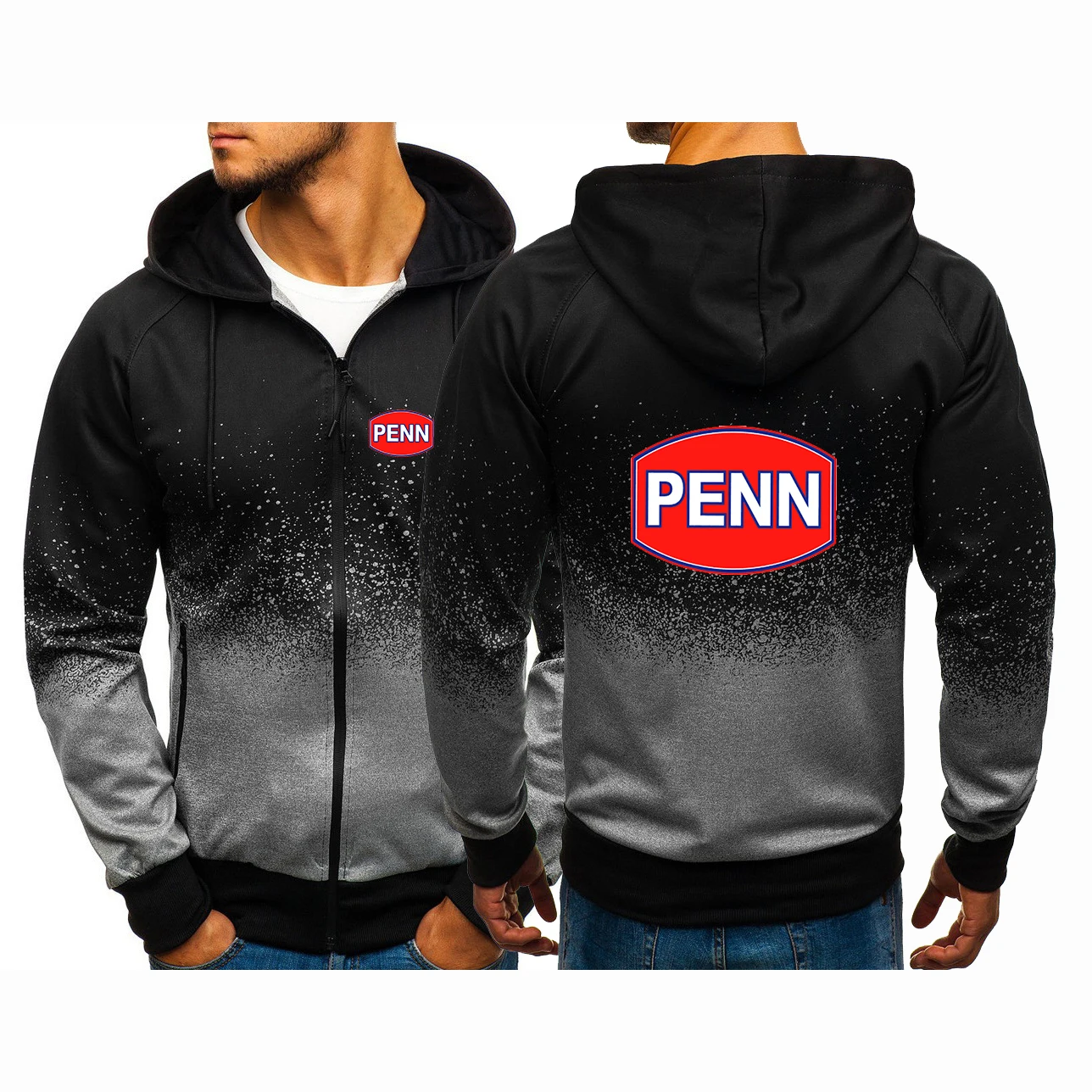 Penn Fishing Reel 2024 Spring and Autumn Men Casual Hip Hop Harajuku Fashion Printing Zipper Gradient Color Jacket Coats