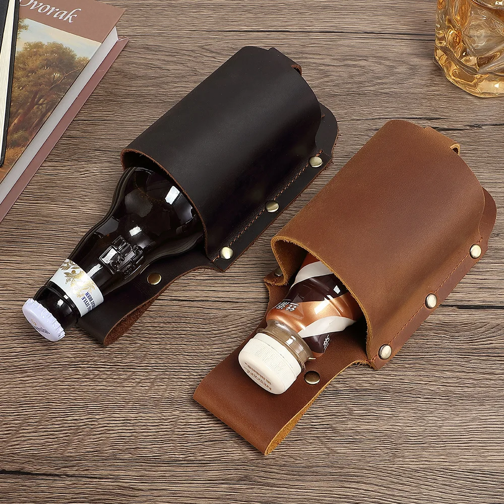 Top-grain cowhide outdoor camping and mountain climbing portable waist-hanging beer bottle cup sleeve waist-hanging bag