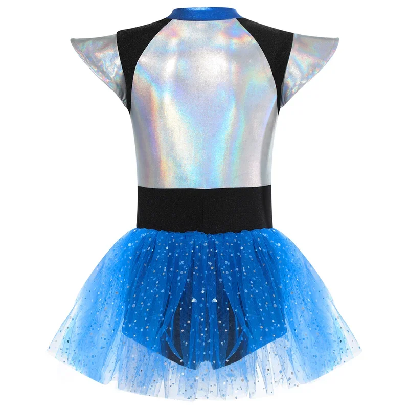 RT01 Kids Girls Alien Cosplay Costume Cheerleading Dance Dress Short Sleeve Shiny Spangles Tutu Leotard Halloween Party Danc&Gf1