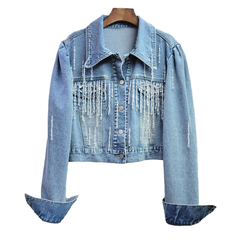 

Heavy Work Beading Tassel Denim Jacket Women Loose Short Blue Cowboy Outerwear Puff Sleeve Big Pocket Jeans Jacket Coat Female