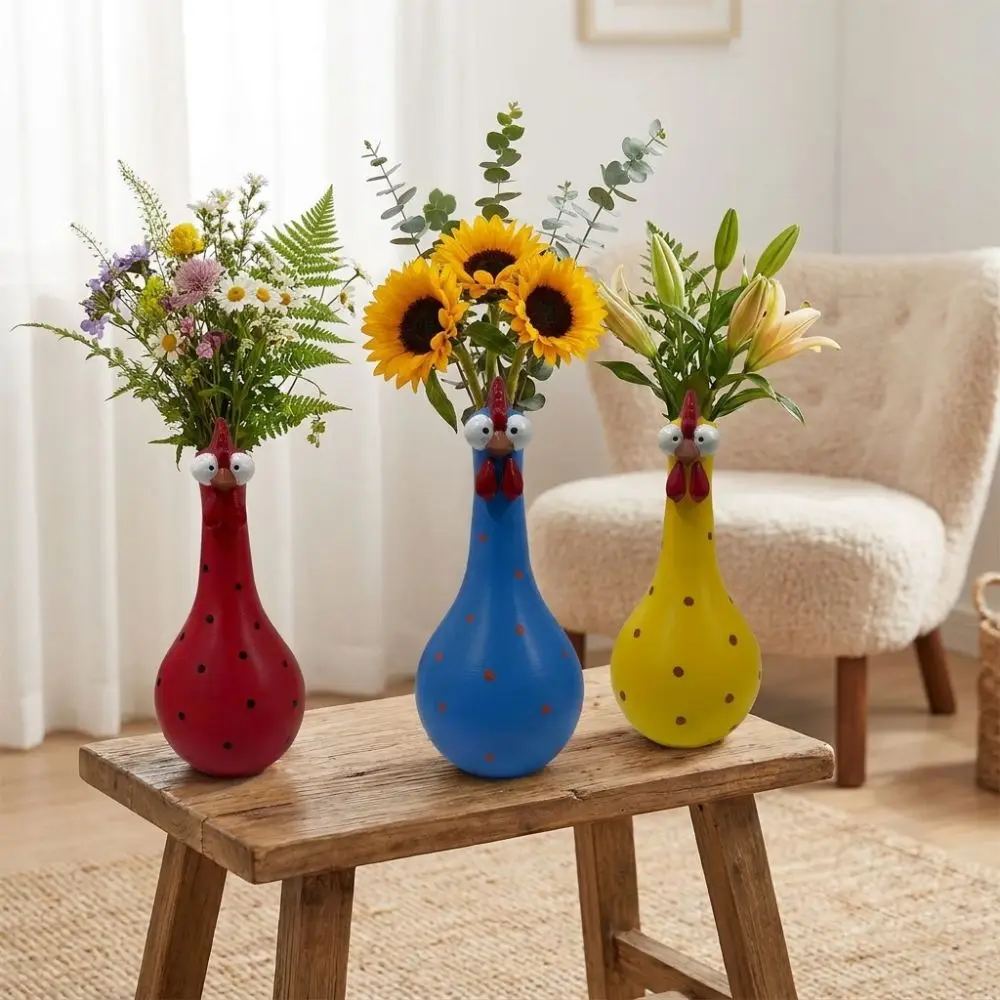 Colorful Dot Long Neck Chicken Vases Lifelike Cartoon Rooster Sculpture Vase Hand Painted Resin Art Flower Vase Ornament