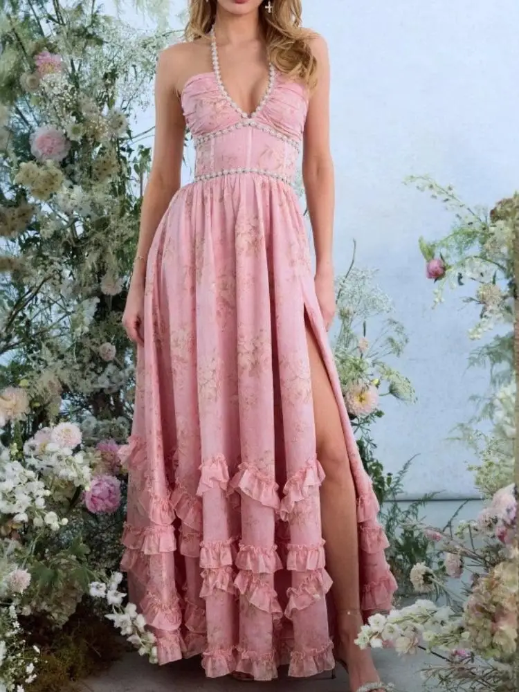 Vestido elegante de verano para mujer, vestido con cuello colgante de perlas y temperamento, estampado de flores bohemias, corte ajustado, vestido largo con abertura Sexy para vacaciones