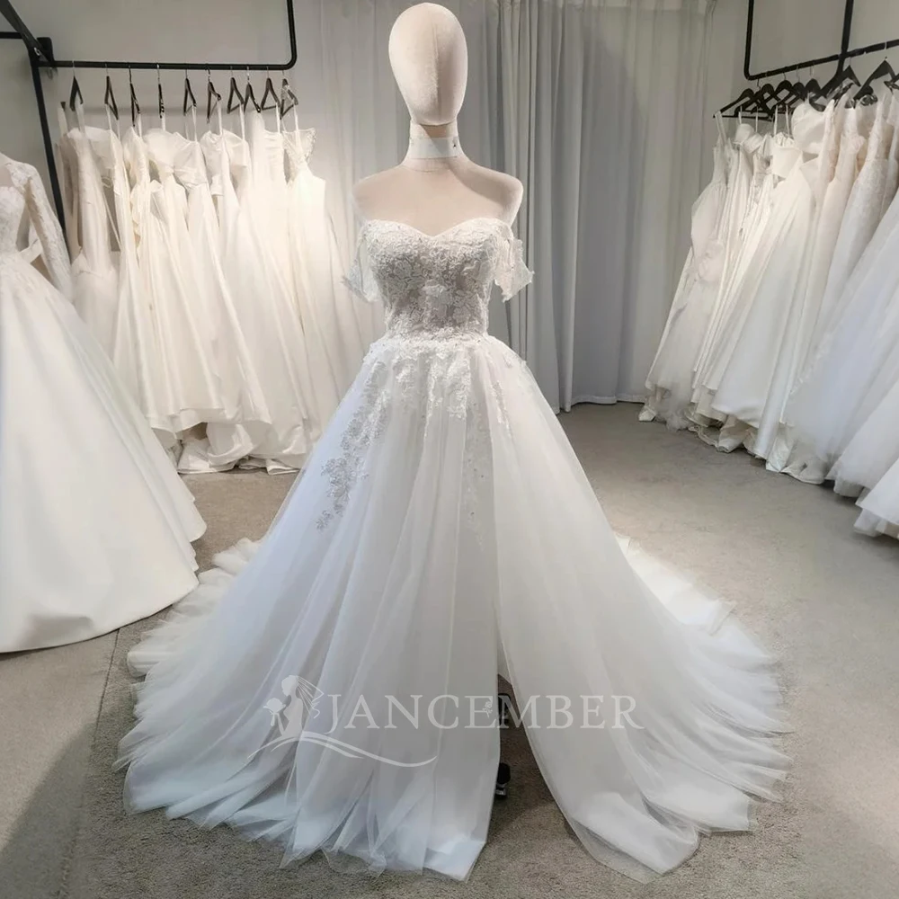 

Elegant Bohemian Wedding Dresses A Line Off The Shoulder Lace Side Split Backless Long Summer Beach Bridal Gowns Customized