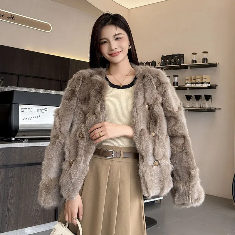 

Новинка 2025 года, женская шуба из лисьего меха, короткий кардиган с v-образным вырезом, модная куртка из искусственного меха высокого качества