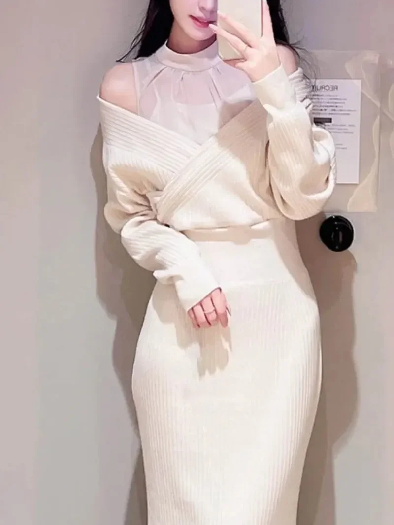 Feminino Voile Spliced Ropa Off Shoulder Vestidos Mujer High Waist Bodycon Vestido Japan Knit Dress Spring Dresses Women