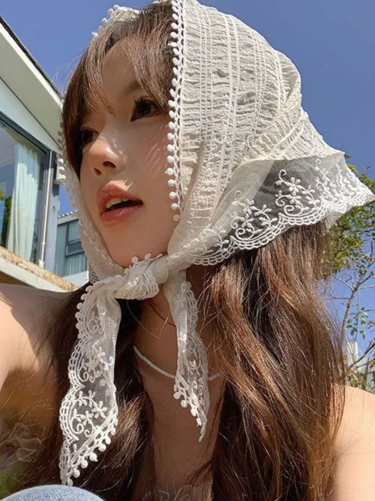 

Spring Korean Lace Vintage Triangular Scarf Women Solid Color Sweet Headscarf Trend Elegant Headwear Girl Y2K Jewelry 2024 INS