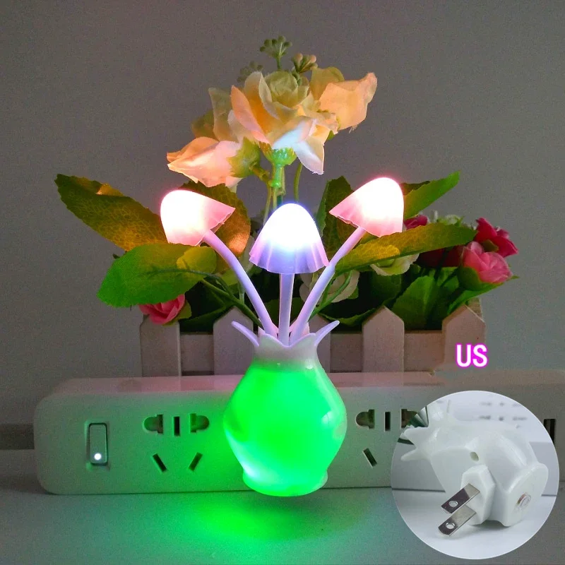 Dark Automatic Bright US Plug LED Novelty Light Mushroom Lilac Flower Light Sensor Night Lamp Home Decoration Romantic Light