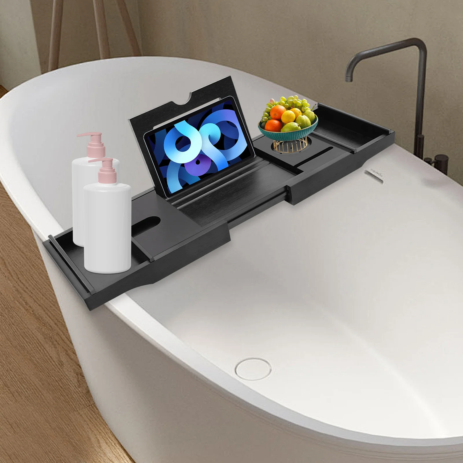 Badewannenregal, Badregal aus Bambus, Badewannen-Aufbewahrungsbrett, verstellbarer Badewannenbrett-Badetisch, Badetablett, keine Installation, 	 Schwarz