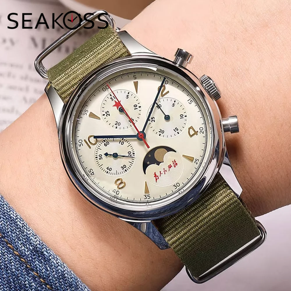 

Мужские часы SEAKOSS 1963 Moon Phase Chronograph 40 мм с оригинальным механизмом Seagull ST1908, классическим ретро-циферблатом и сапфировым стеклом, в стиле пилотских часов