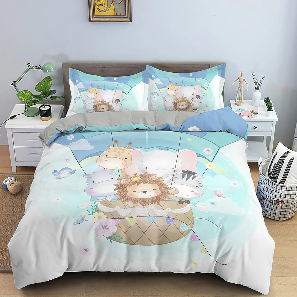 Cartoon Animal Duvet Cover Set Kids Lion Hippo Giraffe Pattern Bedding Set Polyester Single Twin Queen King Size Comforter Cover